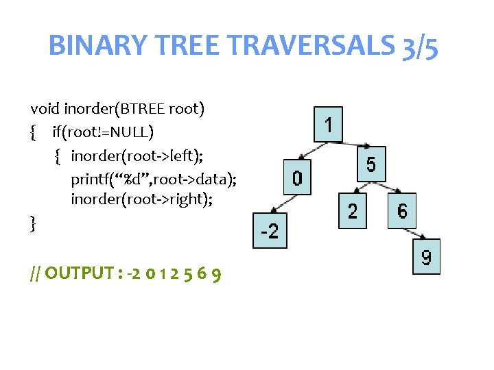 BINARY TREE TRAVERSALS 3/5 void inorder(BTREE root) { if(root!=NULL) { inorder(root->left); printf(“%d”, root->data); inorder(root->right);