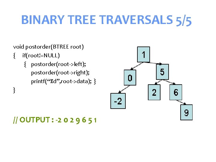 BINARY TREE TRAVERSALS 5/5 void postorder(BTREE root) { if(root!=NULL) { postorder(root->left); postorder(root->right); printf(“%d”, root->data);