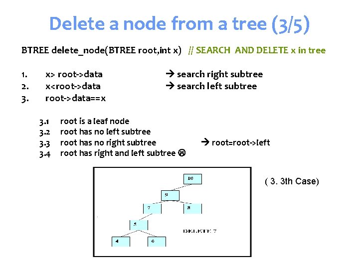 Delete a node from a tree (3/5) BTREE delete_node(BTREE root, int x) // SEARCH