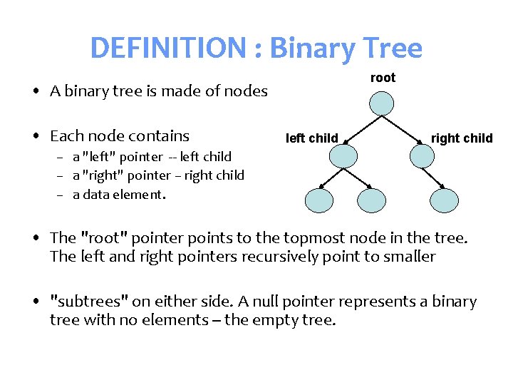DEFINITION : Binary Tree root • A binary tree is made of nodes •