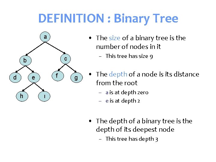 DEFINITION : Binary Tree a • The size of a binary tree is the