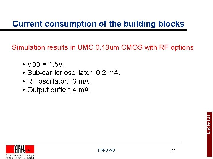 Current consumption of the building blocks Simulation results in UMC 0. 18 um CMOS