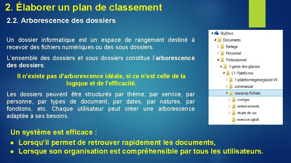 2. Élaborer un plan de classement 2. 2. Arborescence des dossiers Un dossier informatique