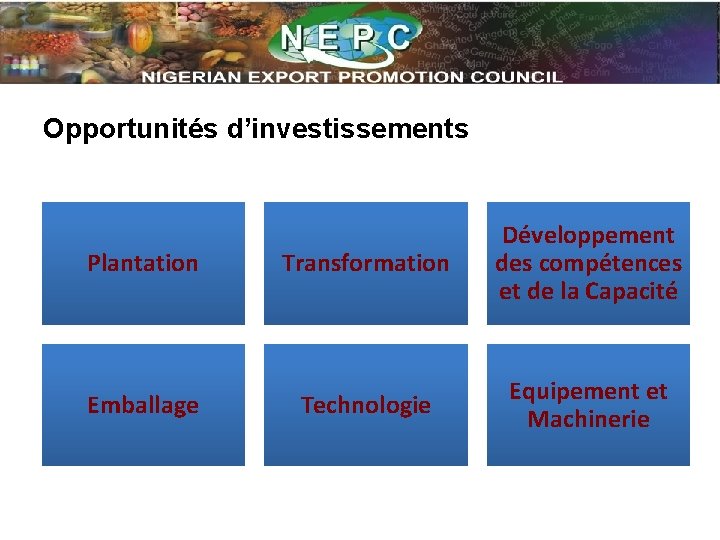 Opportunités d’investissements Plantation Emballage Transformation Développement des compétences et de la Capacité Technologie Equipement