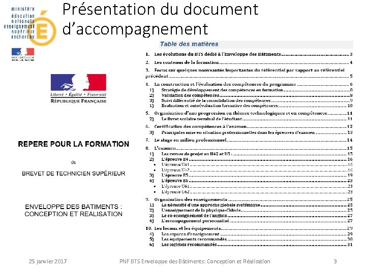 Présentation du document d’accompagnement 25 janvier 2017 PNF BTS Enveloppe des Bâtiments: Conception et