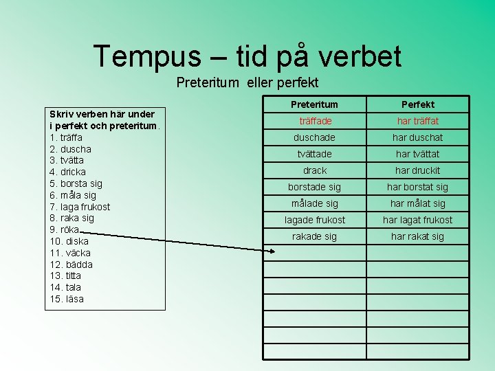 Tempus – tid på verbet Preteritum eller perfekt Skriv verben här under i perfekt