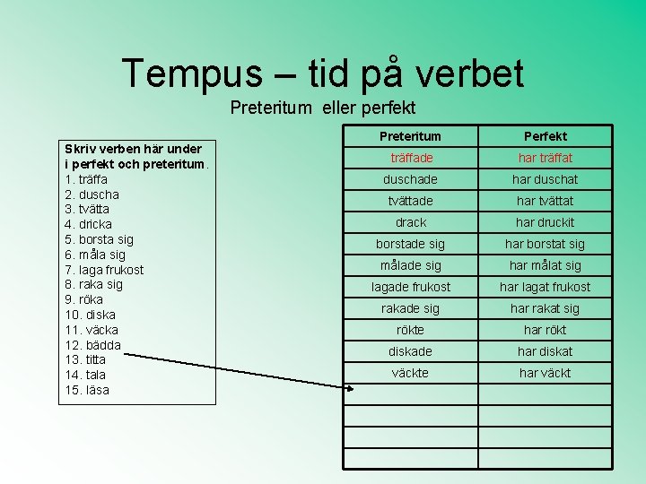 Tempus – tid på verbet Preteritum eller perfekt Skriv verben här under i perfekt