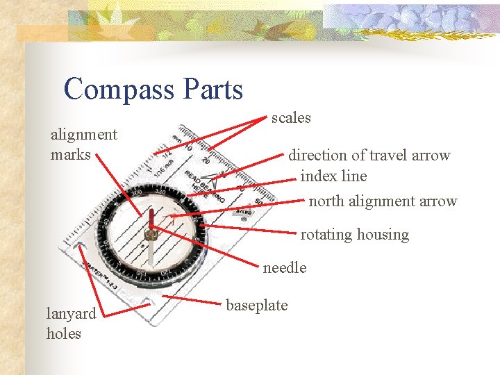 Compass Parts alignment marks scales direction of travel arrow index line north alignment arrow