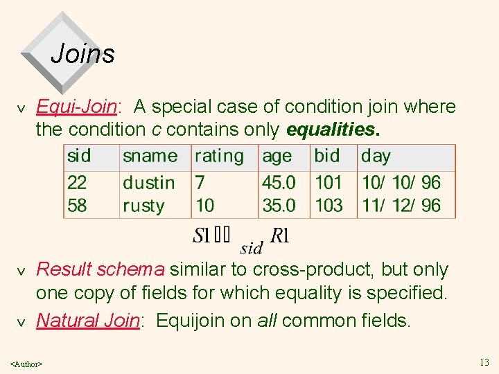 Joins v Equi-Join: A special case of condition join where the condition c contains