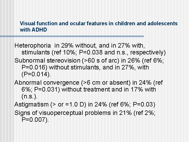Visual function and ocular features in children and adolescents with ADHD Heterophoria in 29%