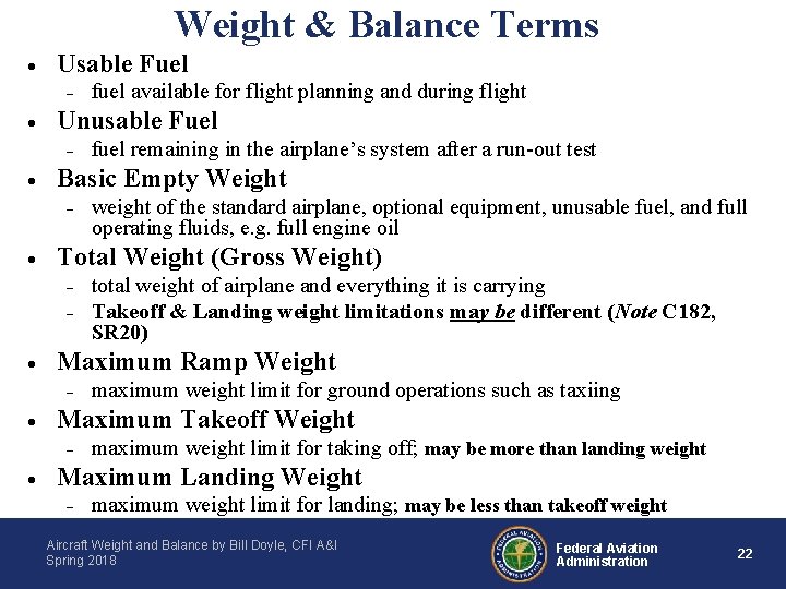 Weight & Balance Terms · Usable Fuel - · Unusable Fuel - · -