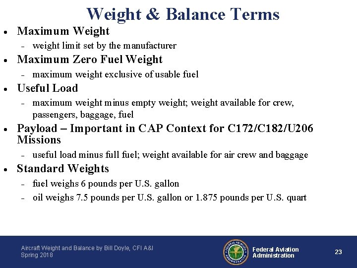 Weight & Balance Terms · Maximum Weight - · Maximum Zero Fuel Weight -