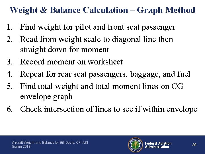 Weight & Balance Calculation – Graph Method 1. Find weight for pilot and front