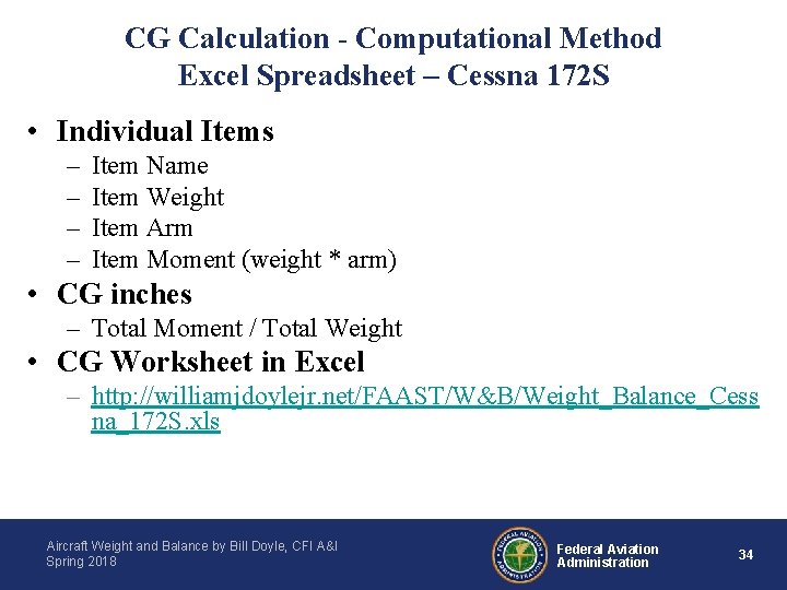 CG Calculation - Computational Method Excel Spreadsheet – Cessna 172 S • Individual Items