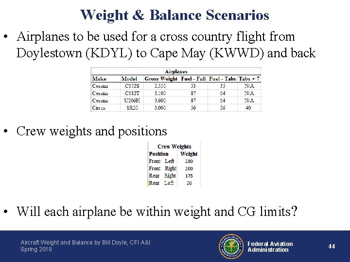 Weight & Balance Scenarios • Airplanes to be used for a cross country flight