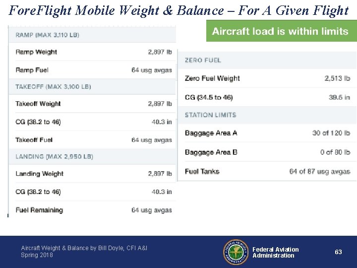 Fore. Flight Mobile Weight & Balance – For A Given Flight Aircraft Weight &