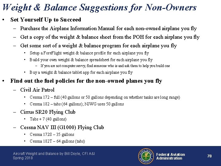 Weight & Balance Suggestions for Non-Owners • Set Yourself Up to Succeed – Purchase
