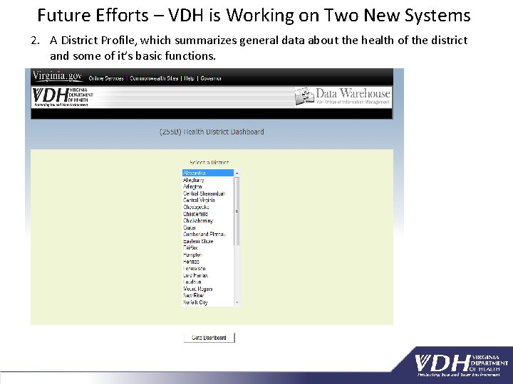 Future Efforts – VDH is Working on Two New Systems 2. A District Profile,