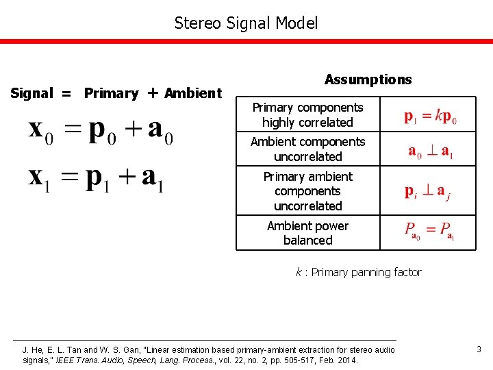 Stereo Signal Model Signal = Primary + Ambient Assumptions Primary components highly correlated Ambient