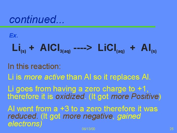 continued. . . Ex. Li(s) + Al. Cl 3(aq) ----> Li. Cl(aq) + Al(s)