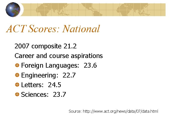 ACT Scores: National 2007 composite 21. 2 Career and course aspirations Foreign Languages: 23.