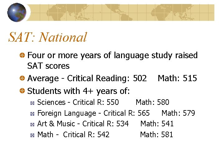 SAT: National Four or more years of language study raised SAT scores Average -