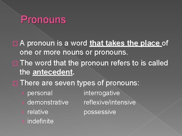 Pronouns �A pronoun is a word that takes the place of one or more