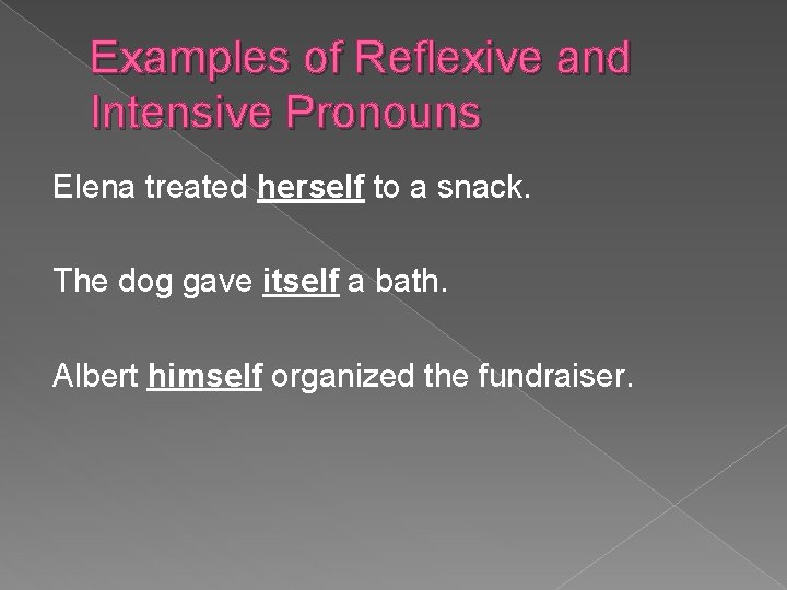 Examples of Reflexive and Intensive Pronouns Elena treated herself to a snack. The dog
