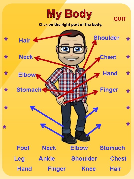 My Body Click on the right part of the body. QUIT Hair Shoulder Neck