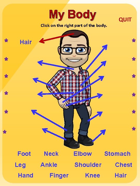 My Body Click on the right part of the body. QUIT Hair Foot Leg