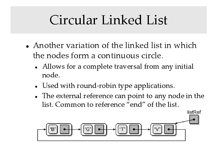 Circular Linked List Another variation of the linked list in which the nodes form