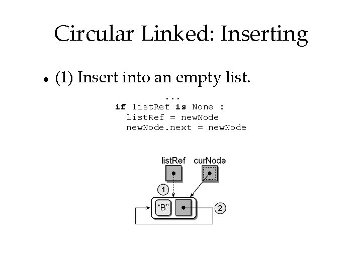 Circular Linked: Inserting (1) Insert into an empty list. . if list. Ref is