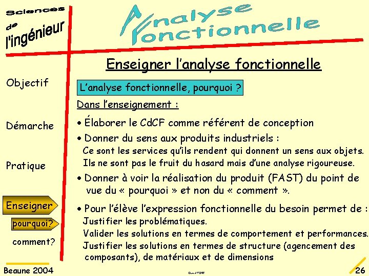 Enseigner l’analyse fonctionnelle Objectif L’analyse fonctionnelle, pourquoi ? Dans l’enseignement : Démarche Pratique Enseigner