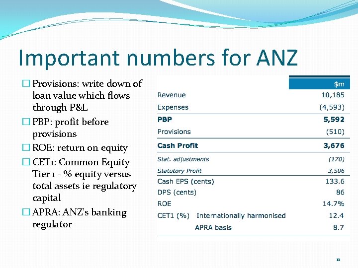 Important numbers for ANZ � Provisions: write down of loan value which flows through