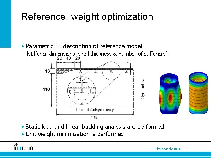 Reference: weight optimization • Parametric FE description of reference model {stiffener dimensions, shell thickness