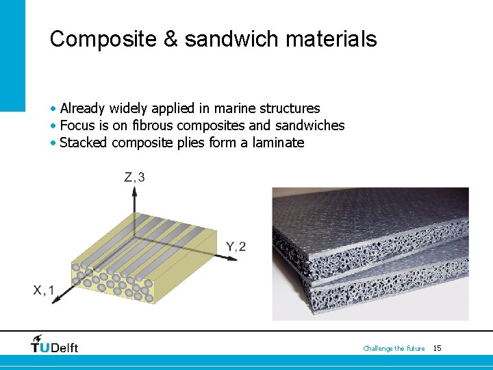 Composite & sandwich materials • Already widely applied in marine structures • Focus is