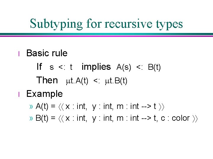 Subtyping for recursive types l l Basic rule If s <: t implies A(s) Subtyping for recursive types l l Basic rule If s <: t implies A(s)
