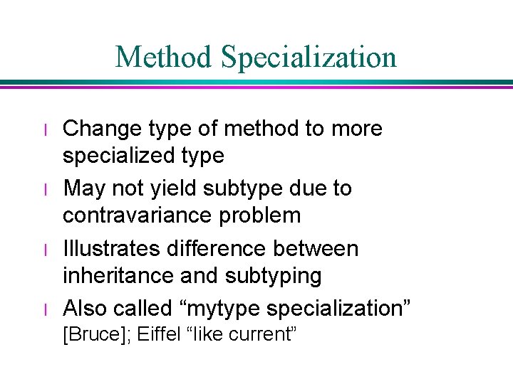 Method Specialization l l Change type of method to more specialized type May not Method Specialization l l Change type of method to more specialized type May not