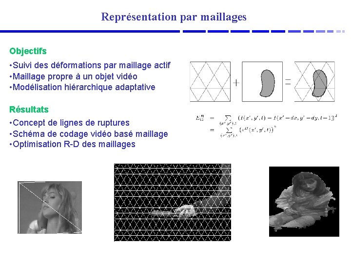 Représentation par maillages Objectifs • Suivi des déformations par maillage actif • Maillage propre