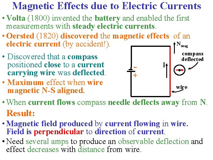 Magnetic Effects due to Electric Currents • Volta (1800) invented the battery and enabled