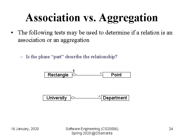 Association vs. Aggregation • The following tests may be used to determine if a