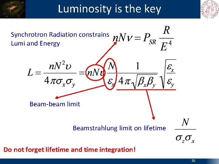 Luminosity is the key Synchrotron Radiation constrains Lumi and Energy Beam-beam limit Beamstrahlung limit
