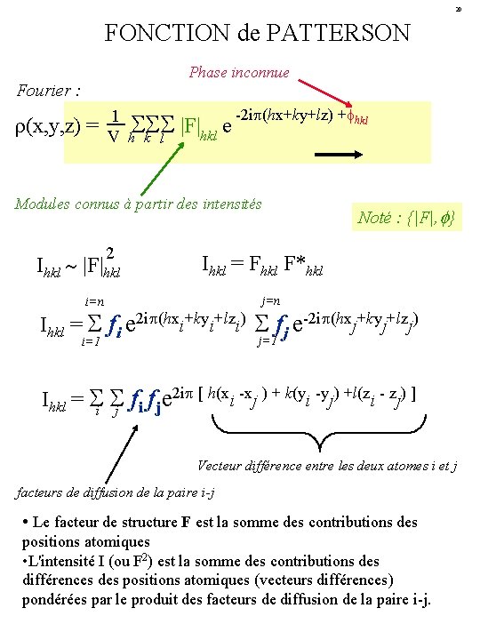 20 FONCTION de PATTERSON Phase inconnue Fourier : (x, y, z) = 1 V