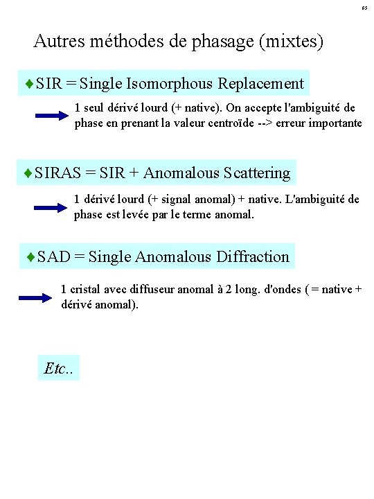 65 Autres méthodes de phasage (mixtes) ¨SIR = Single Isomorphous Replacement 1 seul dérivé