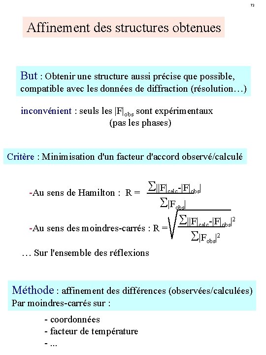 72 Affinement des structures obtenues But : Obtenir une structure aussi précise que possible,