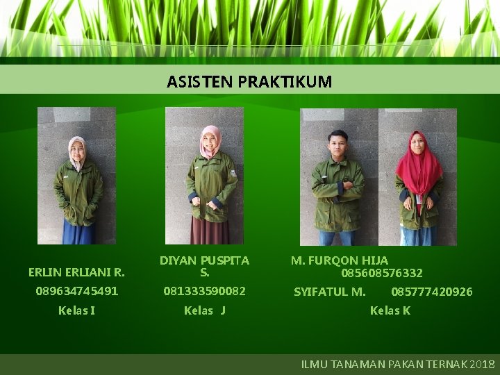 ASISTEN PRAKTIKUM ERLIN ERLIANI R. DIYAN PUSPITA S. 089634745491 081333590082 Kelas I Kelas J