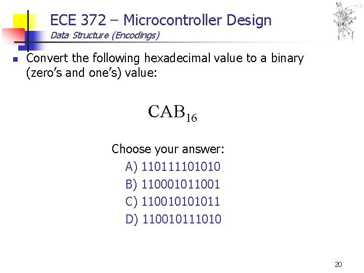 ECE 372 – Microcontroller Design Data Structure (Encodings) n Convert the following hexadecimal value