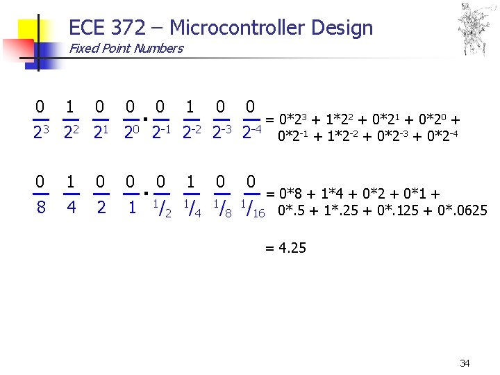 ECE 372 – Microcontroller Design Fixed Point Numbers 0 1 0 23 22 21