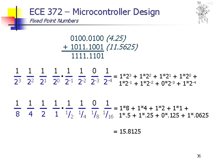 ECE 372 – Microcontroller Design Fixed Point Numbers 0100 (4. 25) + 1011. 1001 ECE 372 – Microcontroller Design Fixed Point Numbers 0100 (4. 25) + 1011. 1001