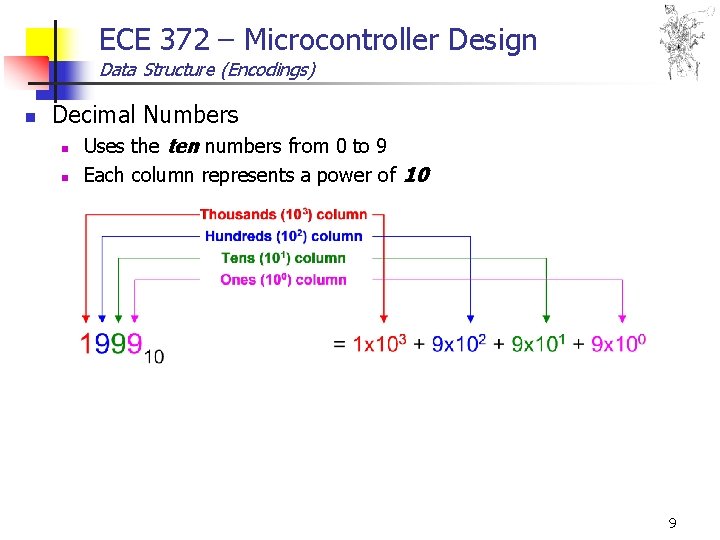 ECE 372 – Microcontroller Design Data Structure (Encodings) n Decimal Numbers n n Uses